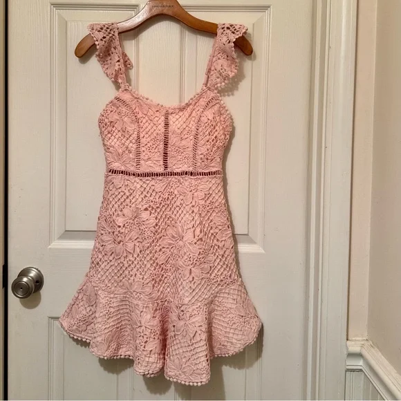Selfie Leslie- Hali Frill Strap Crochet Overlay Pink Mini-Dress - Size XS. - Picture 3 of 8
